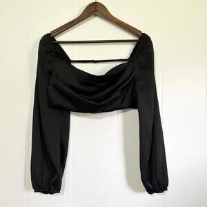 Papermoon Black Satin Long Sleeve Backless Crop Top Women's Large